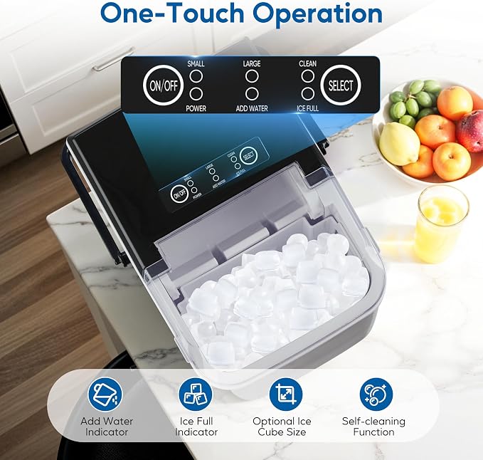Simple Deluxe Portable Countertop Ice Maker Machine, Makes 9 Bullet Ice Cubes in 6 Minutes, 26.5Lbs Daily Output, Self-Cleaning with Scoop, Basket & Handle for Office, Party & Kitchen, Black