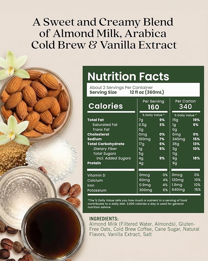 Elmhurst 1925 Toasted Almond Vanilla Latte – Plant-Based, Vegan, Dairy-Free Plant Milk Latte Made of Cold Brew Premium Arabica with 95mg Caffeine & Madagascar Vanilla – 25.4oz (Pack of 6)