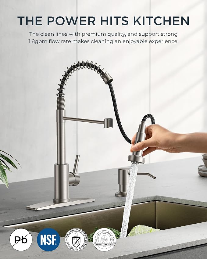 FORIOUS Kitchen Faucet with Soap Dispenser, Brushed Nickel Stainless Steel Spring Sink Faucet with Pull Down Sprayer Transitional Single Handle for Pot Filler, Farmhouse Camper Bar Laundry Room