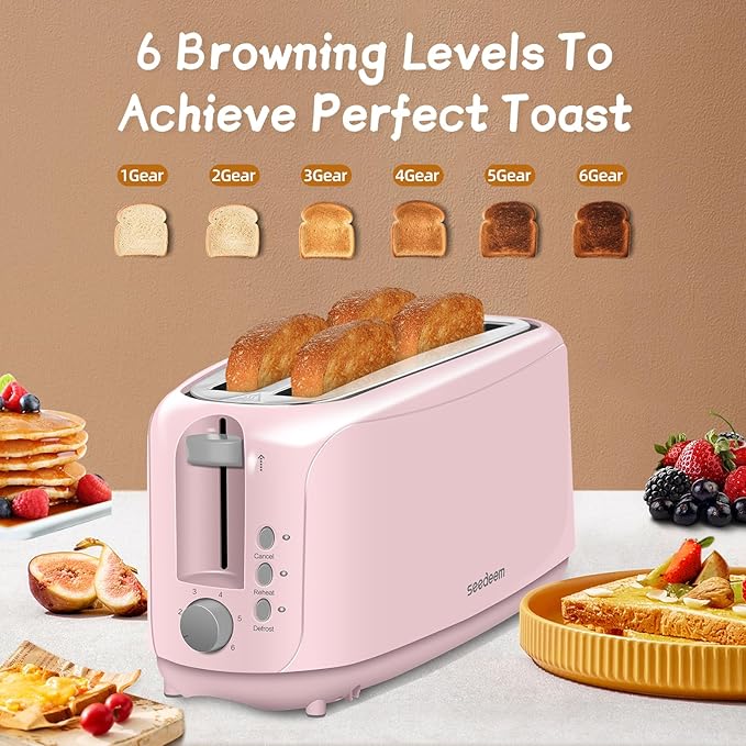 SEEDEEM 4 Slice Toaster, Extra Wide Slots Bread Toaster with 6 Shade Settings, Bagel/Cancel/Defrost/Reheat Functions, Removable Crumb Tray, Auto Shut-Off, Pink