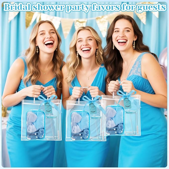 48 Pcs/6 Sets Baby Shower Prizes Winners Include Glass Cans Spa Headband Plush Sleep Eye Mask Hair Claw Clips Clear Cosmetic Bags Baby Shower Player Winner Gifts Bridal Game Gifts(Blue)