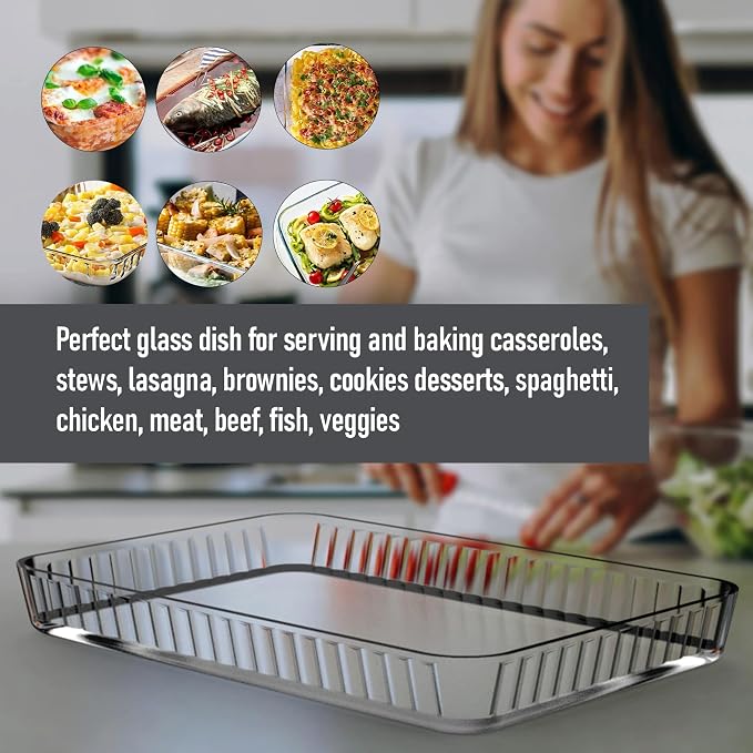 4-Piece Ums 4-Qt (16" x 11" x 2") Glass Baking Dishes for Oven, Glass Oven Pan & Tray Bakeware, Borosilicate Glass Casserole Dish Cookware, Microwave & Oven-Safe Clear Bakeware