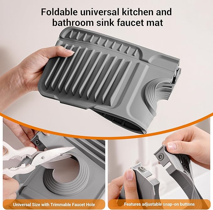ZJWZLG Faucet Mat for Kitchen Sink, 24"X5.5" Silicone Sink Splash Guard with Soap Holder, Snap-On Design & 7°slope Fast Drain, Folding Sink Faucet Mat for Universal Kitchen Bathroom Sink（Grey）