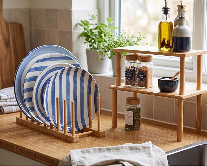 Marsui 4 Pcs Kitchen Organizer Accessories Set Cabinet Organizer Shelf and Bamboo Dish Drying Plate Rack Counter Shelves Storage Holder for Spice Rack, Dish, Pot Lid, Bowl, Cup (Wood Color)