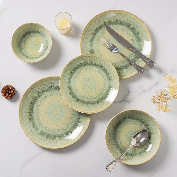DOMICREVERY Ceramic Dinnerware Sets for 4, 16 Pieces Plates and Bowls Sets, Moss Green