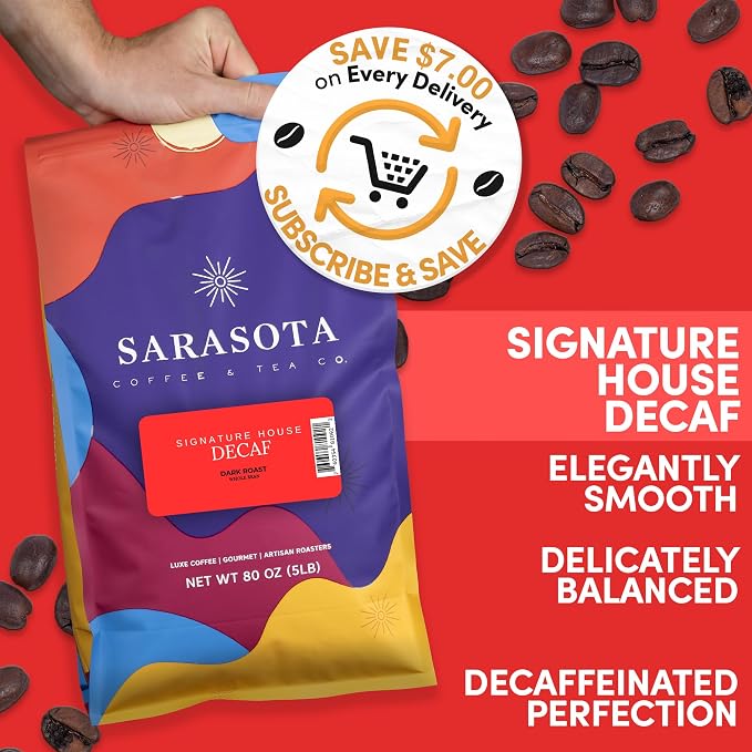 Sarasota Coffee Whole Bean Decaf | Dark Roast Gourmet Decaffeinated Coffee Beans | Low Acid, Mold Free, Specialty Grade Bulk Beans | 5lb (80 oz)