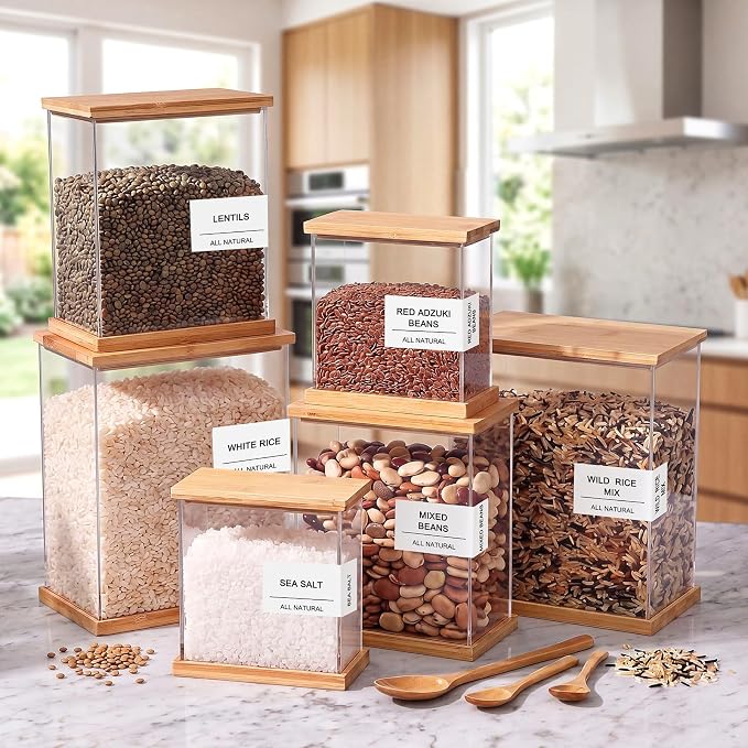 6 Pack Acrylic Pantry Storage Containers with Bamboo Lid Airtight Food Cereal Containers Storage 100oz, 54oz, 27oz with 144 Pantry Labels and Spoon for Flour Sugar, Cereal, Spice