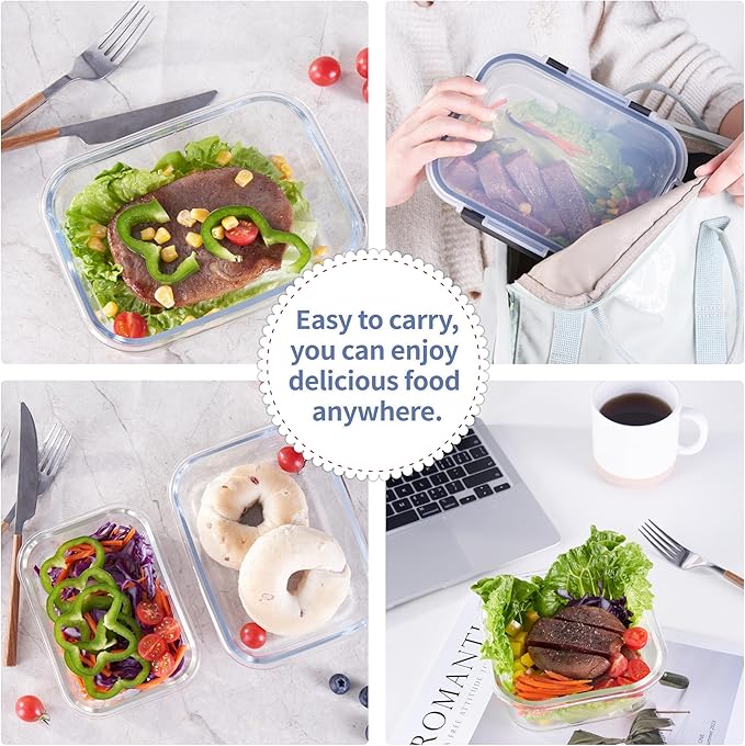 Glass Meal Prep Containers – 12-Piece Set with 8 Airtight Food Storage Boxes & 4 Leakproof Bottles for Sauces, Juices & Snacks – BPA-Free, Stackable, Microwave & Dishwasher Safe Meal Containers