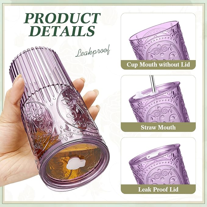 2 Set 20oz Vintage Plastic Tumbler with Lids and Straws Ribbed Floral Drinking Glasses Reusable Iced Coffee Cups for Water Juice Smoothie Cocktail Travel Party Events Gift (Purple)