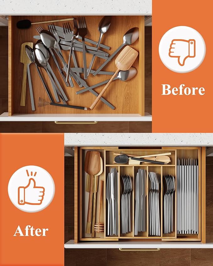 Kitsure Large Bamboo Silverware Organizer - Expandable Drawer Organizer for Utensil, Cutlery and Flatware, Kitchen Storage Solution with 6 to 8 Slots, Natural, 19.4" × 13.1" × 1.8"