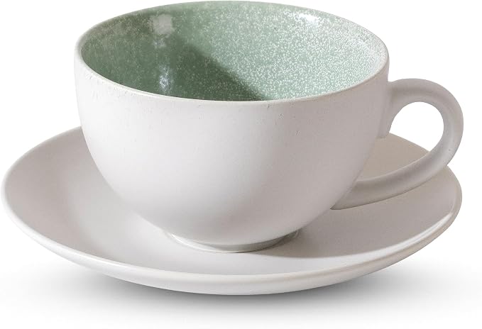 Ceramic Coffee Cup and Saucer Set, 10oz Speckled Sage Green Inner Latte Art Mug, Barista Cappuccino Tea Cup, Microwave & Dishwasher Safe, Modern Home Cafe Gift, Matte Grayish White