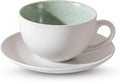 Ceramic Coffee Cup and Saucer Set, 10oz Speckled Sage Green Inner Latte Art Mug, Barista Cappuccino Tea Cup, Microwave & Dishwasher Safe, Modern Home Cafe Gift, Matte Grayish White