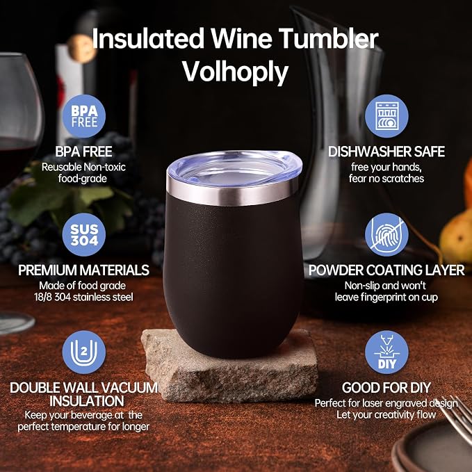 Volhoply 12oz Stainless Steel Wine Tumbler with Lid Bulk 4 Pack,Double Wall Vacuum Stemless Wine Glasses,Reusable Metal Travel Coffe Mug with Straw,Insulated Cup Gifts for Women,Christmas（Black,4 Set）