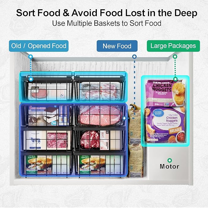 iSPECLE 4 Pack Freezer Organizer Bins - Fit 10 to 20 Cu.Ft Deep Freezer, Expandable Wire Storage Chest Freezer Baskets for Frozen Food, Stackable with Handles, Black