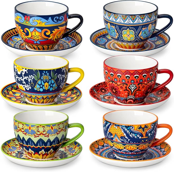 vancasso 8oz Cappuccino Cups with Saucers, Bohemian Coffee Cup for Latte, Espresso, Tea Porcelain Tea Cups and Saucers Set of 6 Teacup Microwave & Dishwasher Safe