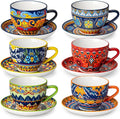 vancasso 8oz Cappuccino Cups with Saucers, Bohemian Coffee Cup for Latte, Espresso, Tea Porcelain Tea Cups and Saucers Set of 6 Teacup Microwave & Dishwasher Safe