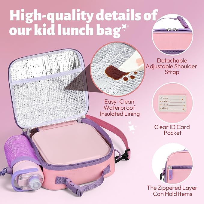 Itslife Bento Box for Kids Set, Insulated Food Container,Kids Lunch Box, 7 oz Thermos for Hot Food, 12 oz Thermos Water Bottle, Reusable Insulated Ice Bag & Fork Spoon Utensils Camping Travel Pink