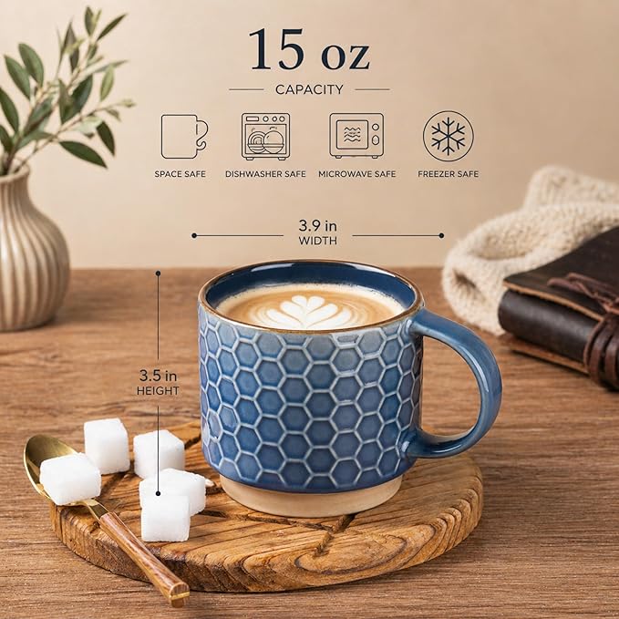 GBhome 15OZ Stackable Coffee Mugs, Ceramic Coffee Cups with Texture Patterns for Man,Woman,Dad,Mom, Modern Mugs Set of 4 for Latte/Cappuccino/Cocoa. Dishwasher&Microwave Safe, Blue