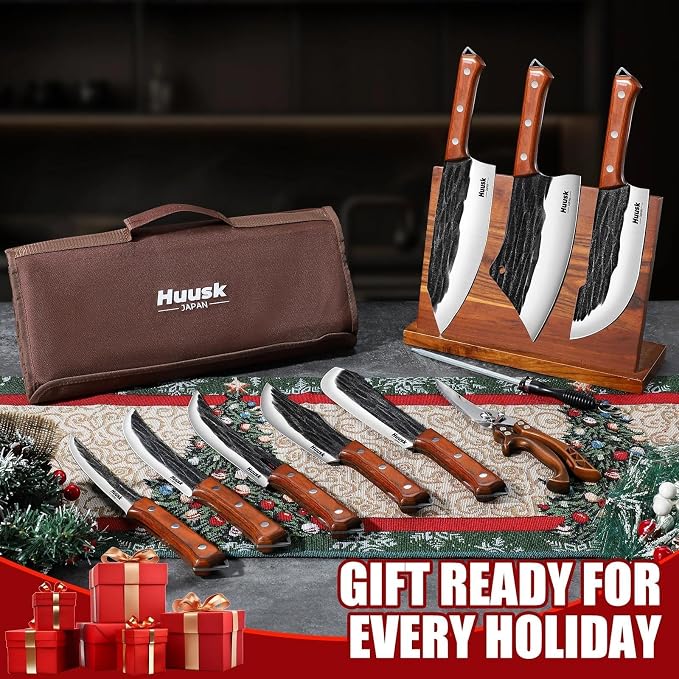 Huusk Butcher Knife Set, 10-Piece Hand Forged Chef Knife Set with Bag, Sharp Meat Cleaver & Bbq Carving Knives & Boning Breaking Knives for Kitchen & Camping, Fathers Day Gift for Men