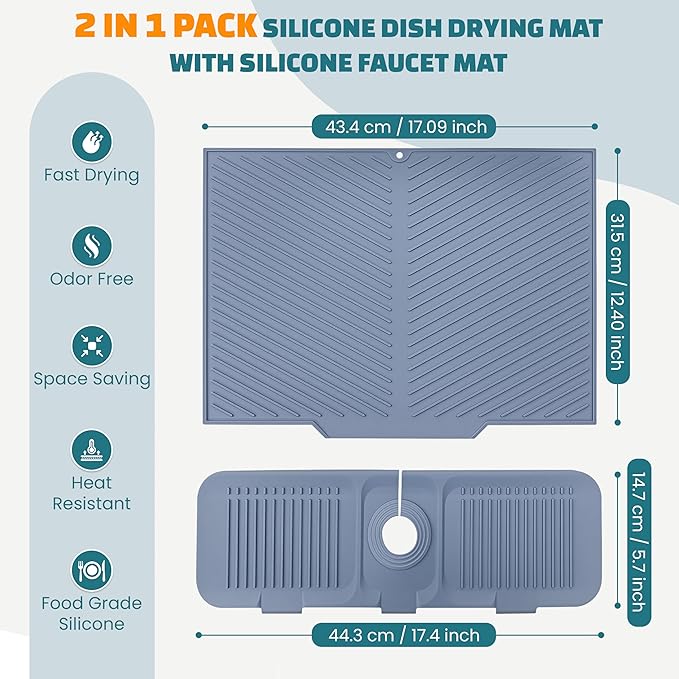 2 Pieces Silicone Faucet Mat for Kitchen Sink and Dish Drying Mat for Multiple Usage , Sink Water Splash Guard , Dish Mat , Draying Mat for Kitchen Counter-Grey
