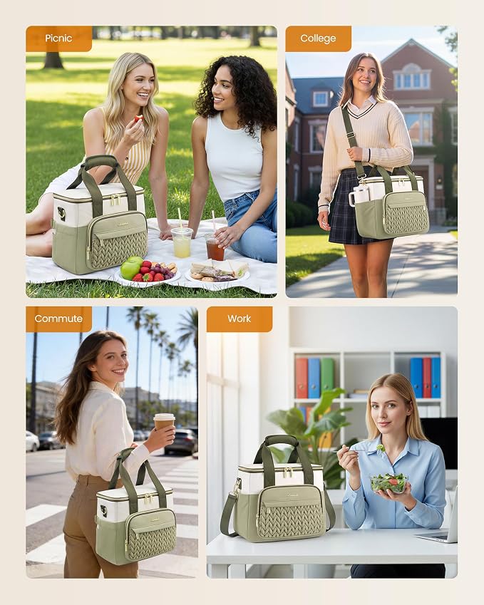 LOVEVOOK Lunch Bag Women, Insulated Wide Opening Adult Lunch Box for Women Work with Cup Holder, Large Lunch Cooler Tote Bag with Utensils Pocket for Office Campus Picnic Beach Mom Nurse Family