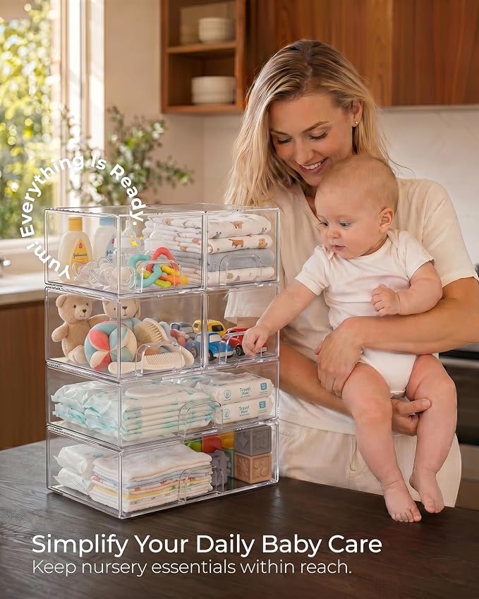 Stackable Storage Drawer Organizers Set of 6 for Bathroom Organizer Storage | Clear Plastic Organizer Bins for Baby Bottle, Kitchen Under Sink, Laundry, Pantry, Beauty, Cabinet, Medicine, Office Supplies
