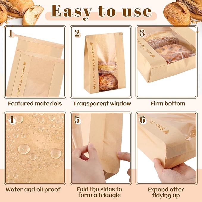 Honoson 200 Pcs Large Paper Bread Bags for Homemade Gift Giving, Sourdough Bread Bags with Window, Bakery Storage Tin Tie Tab Lock Cookie Packaging with Label Seal Stickers (Classic Style)