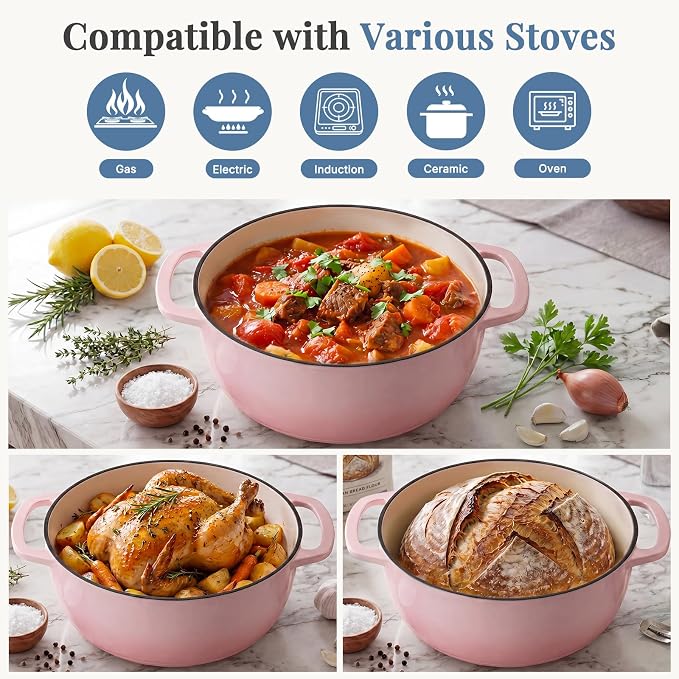 DUMOS Cast Iron Dutch Oven, 6 Quart Pot with Lid, Enameled Heavy Duty Cookware, Oven Safe to 500°F, Perfect for Bread Baking, Braising, Stews and Roasting, Moisture Sealing Lid with Dual Handles, Gradient Pink