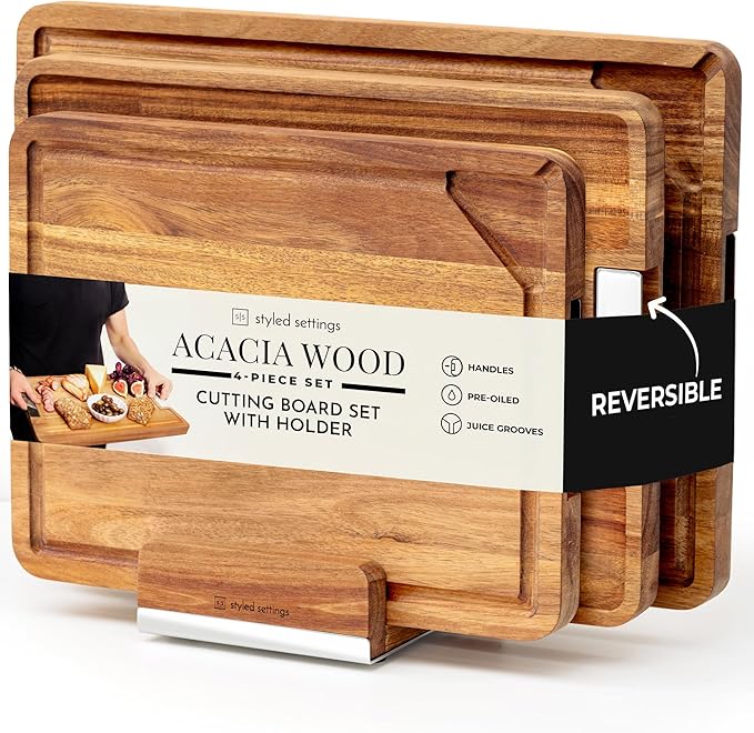 Acacia Wood Cutting Board Set with Holder – 4 Piece Wooden Cutting Board Set with Stand – Reversible Charcuterie Tray with Juice Grooves and Silver Handles – Stylish Kitchen Gift
