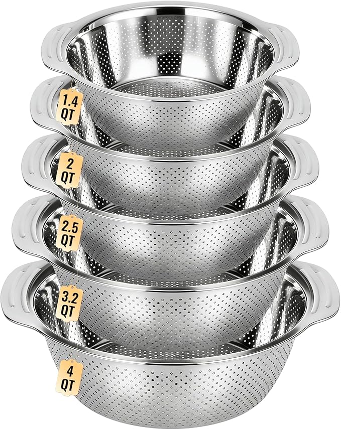 Stainless Steel Colander for Kitchen, 5 Pack Metal Kitchen Strainer Bowls with Handles, Food Strainer Basket for Pasta, Noodles, Vegetables and Fruit, Nesting Design, Dishwasher Safe