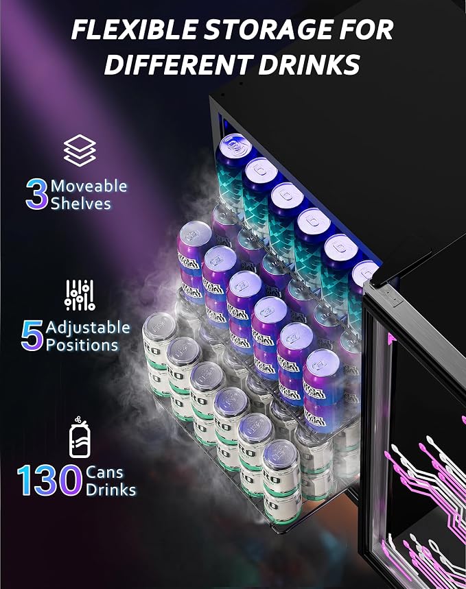 Tehanld 3.2 Cu.Ft Beverage Refrigerator, 130 Can Freestanding Drink Fridge with Glass Door and LED Light, Digital Temperature Control 35-65°F, Fan Cooling, Adjustable Shelves for Soda, Beer, Wine