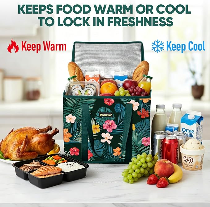 BALEINE 1Pk Insulated Reusable Grocery Bags, Foldable Shopping Bags for Groceries with Reinforced Bottom & Handles (Blossom Season)