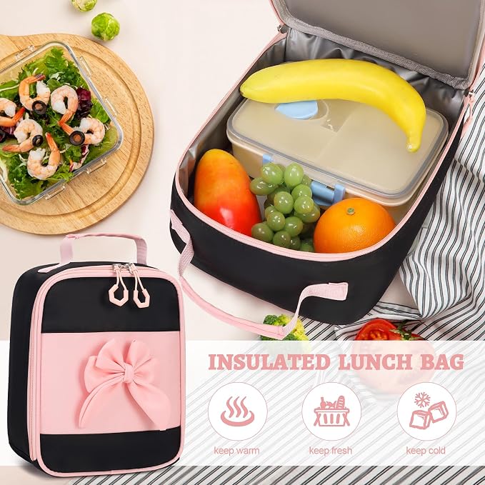 DIGOBAY Girls Backpack - Includes 14oz Insulated Water Bottle, Girls School Backpack Set with Lunch Bag & Pencil Case Teens for School (Black-Pink)