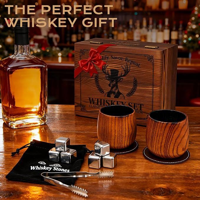 Charred Wooden Drinking Glass - Handcrafted Whiskey Gifts Set for Men, Premium Whiskey Glasses, Unbreakable Whiskey Insulated Gifts Glass for Dad, Husband, Boyfriend, Friends, Bourbon Enthusiasts