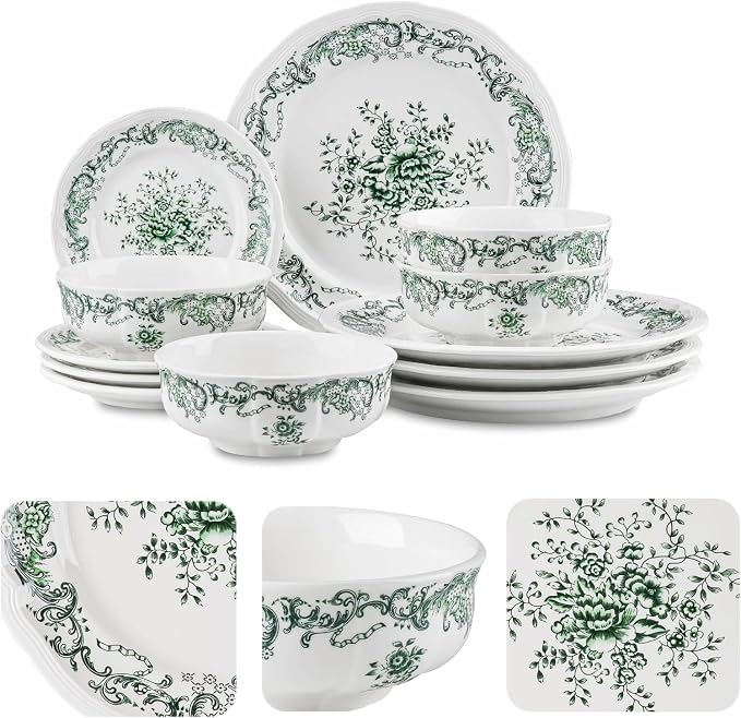 Ceramic Dinnerware Set 12-Piece Scalloped Edge Dish Set for 4 Vintage Floral Elegant Kitchen Dinner Plates Bowls for Daily Use & Party Microwave & Dishwasher Safe