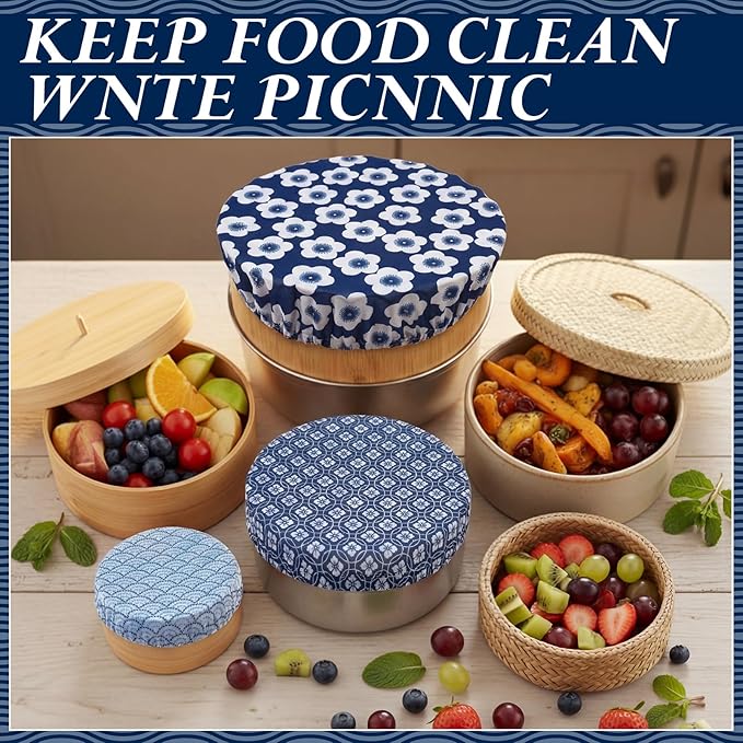 Patelai 10 Pcs Bowl Covers Reusable in 5 Size Stretch Cloth Fabric Elastic Food Storage Bowl Covers Bread Sourdough Lids for Proofing Food Fruits Leftover(Blue White,Geometric Style)