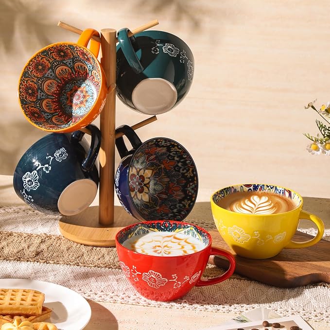 Large Coffee Mug, 15 oz Boho Coffee Mug Ceramic with Handle, Porcelain Tea Cup, Coffee Cup for Cappuccino and Latte, Microwave & Dishwasher Safe, Ideal Gift for Family/Friend (Red)