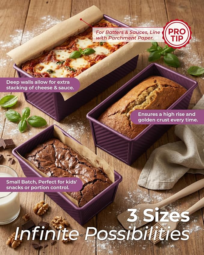 CARTMAN Bread Loaf Pan 2 Pack, 8x4 Pullman Loaf Pan with lid and a Silicone Spatula and Basting Pastry Brush, 1 lb Dough Capacity,Non-Stick Carbon Steel bread pans for homemade bread Plum Purple