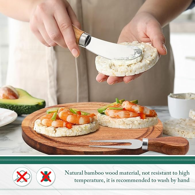 Maxcheck 6 Sets Baby Shower Bridal Game Prizes for Winners Round Cheese Board Set Wood Mini Charcuterie Board with Knives and Forks Thank You Card with Gift Box for Guests Wedding (Acacia)