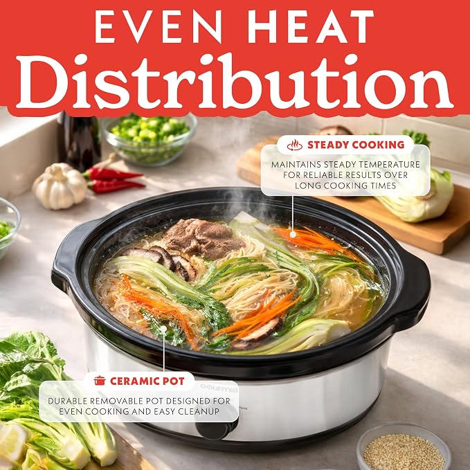 Gourmia Slow Cooker - 6 Quart Removable Ceramic Pot, Manual Controls with 3 Temperature Settings, Dishwasher Safe Crock and Glass Lid, White