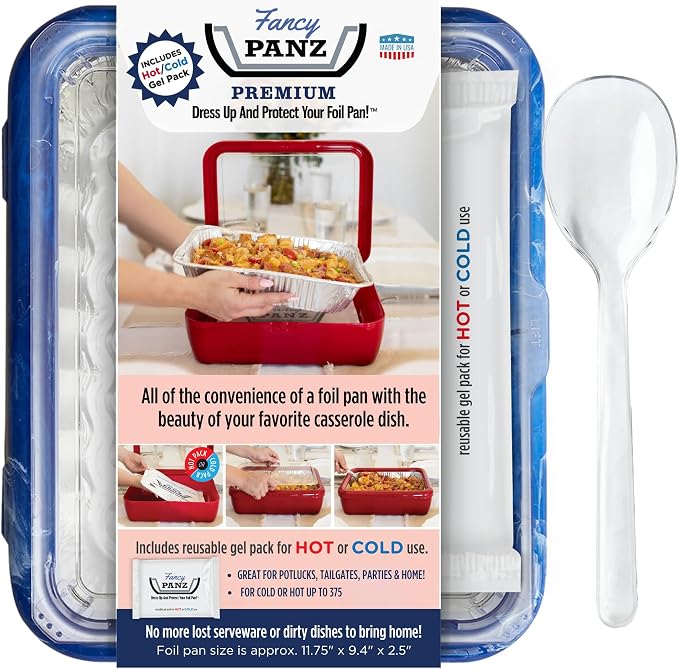 Fancy Panz Blue Marble Premium Aluminum Foil Pan Carrier with Secure Latch Lid & Hot/Cold Gel Pack - Made in USA Reusable Casserole Carrier for Half Size Pans - Food Transport Holder for Entertaining