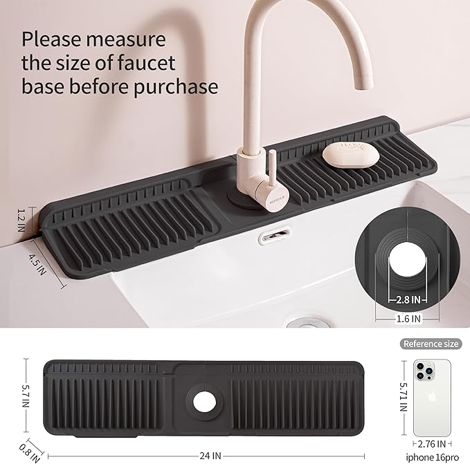 ZJWZLG Faucet Mat for Kitchen Sink (Black), 24"X5.5" Silicone Sink Splash Guard with Soap Holder, Snap-On Design & 7°slope Fast Drain, Folding Sink Faucet Mat for Universal sink matt for kitchen sink
