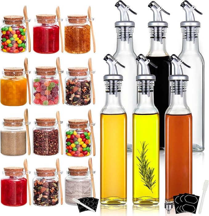 YEBODA 10oz Small Glass Storage Jars with Cork Lids and Spoons 12 Pack + 8oz Clear Glass Olive Oil Dispenser Bottles 6 Pack