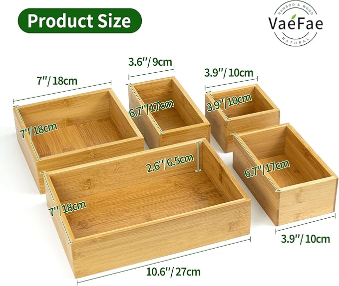 VaeFae 5 PCS Bamboo Drawer Organizers Set, 5-size Organizer Box, Storage Bins for Kitchen, Bathroom, Office, Bedroom and Living Room