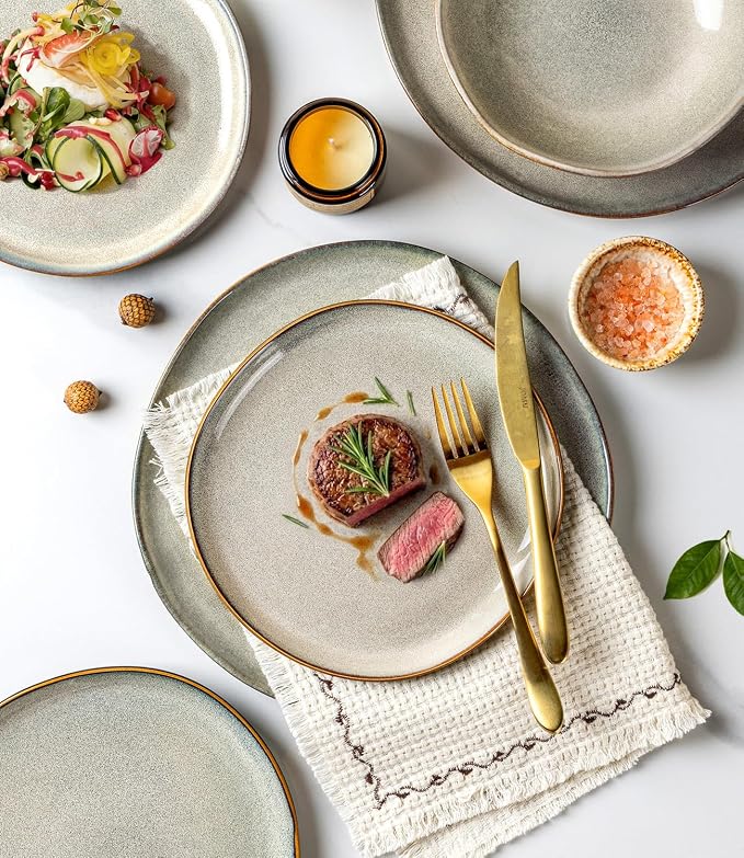 GBHOME Stoneware Dinnerware Sets for 8, 24 Pieces Rustic Earthenware Plates and Bowls Set, Handmade Reactive Glaze Ceramic Plate Sets, Chip Resistant Dishes, Microwave & Dishwasher Safe, Wheat Green