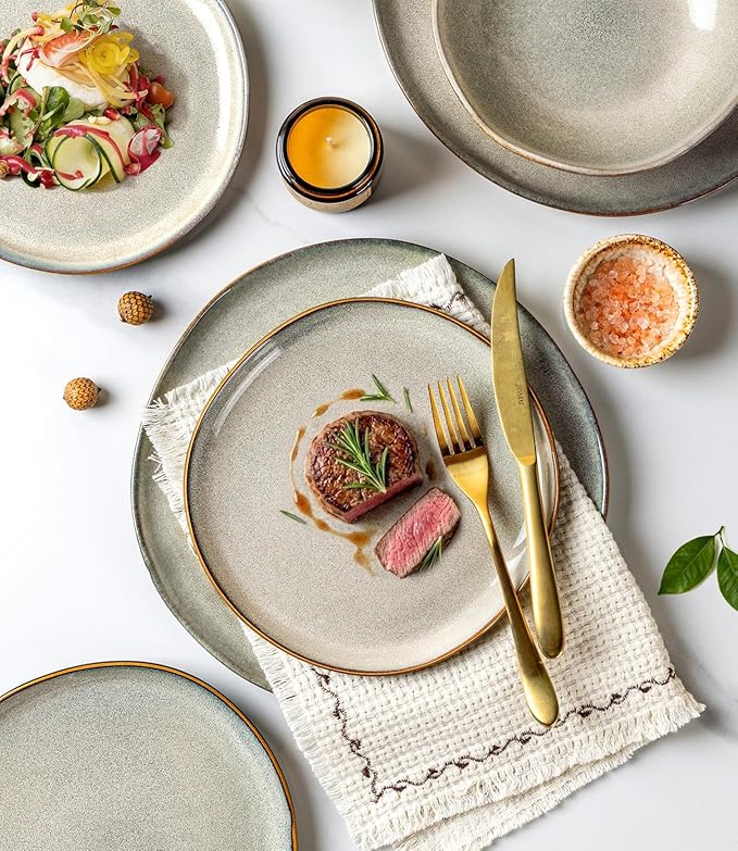 GBHOME Stoneware Dinnerware Sets for 6, 18 Pieces Rustic Earthenware Plates and Bowls Set, Handmade Reactive Glaze Ceramic Plate Sets, Chip Resistant Dishes, Microwave & Dishwasher Safe, Wheat Green