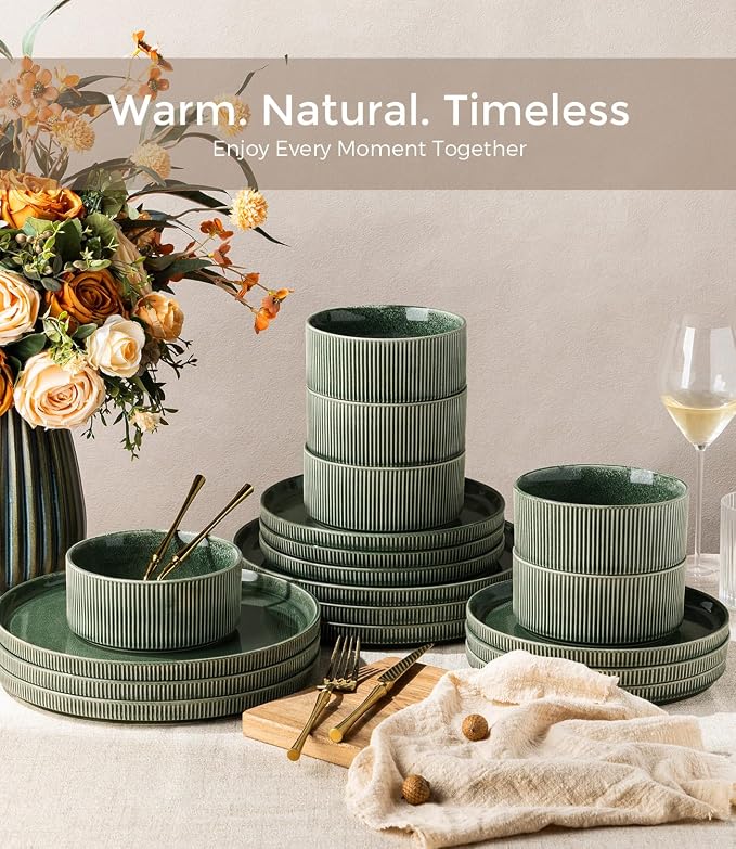 GBHOME 18-Piece Stoneware Dinnerware Set for 6 – Ribbed Ceramic Plates and Bowls, Scratch-Resistant, Microwave & Dishwasher Safe, Reactive Glaze, Dark Green