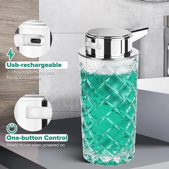 Automatic Soap Dispenser Foam for Kitchen: 11 OZ Glass Touchless Clear Auto Foaming Soap Dispenser for Bathroom - Hand Dish Lotion Home Countertop Kids - Family Couple
