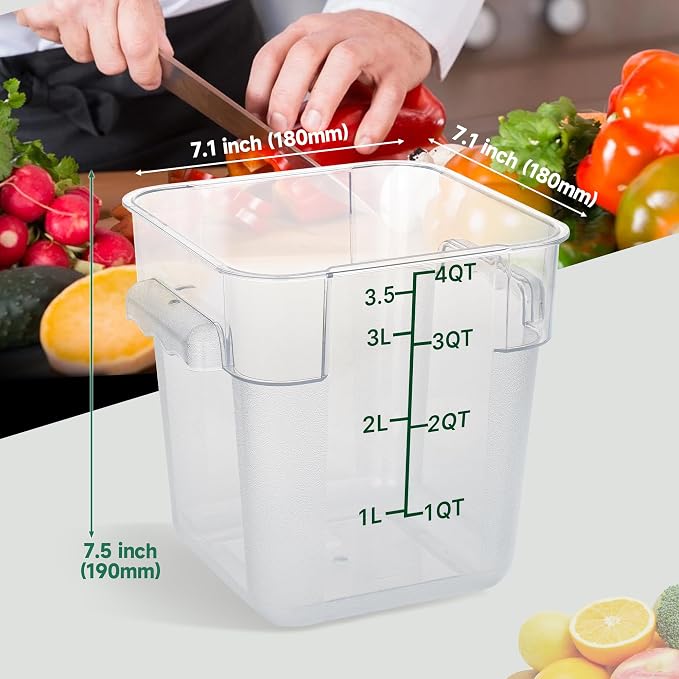 4 Pack 4 Qt Square Polycarbonate Food Storage Containers with Lids | Clear BPA-free PC with lids, side handles, measurement scale and stackable design; for food prep, storage and freezer use.