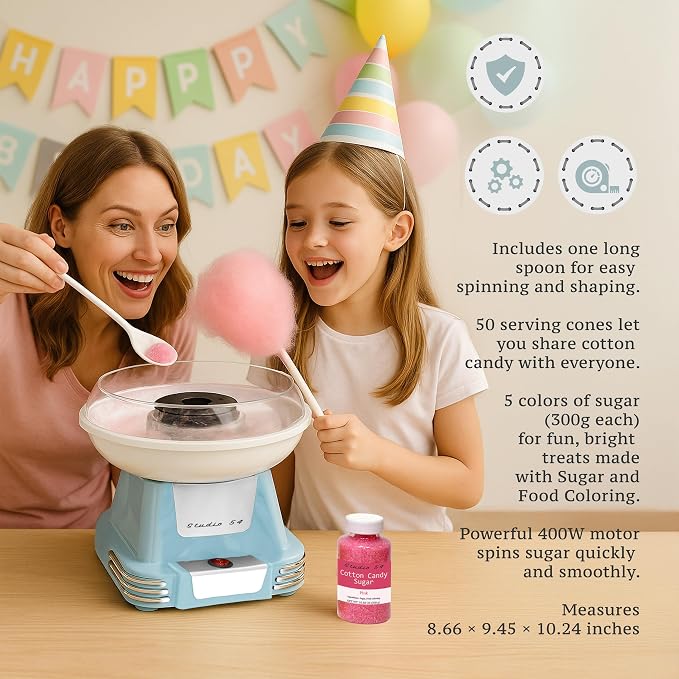 Retro Cotton Candy Machine with 5 Jars (11oz Each) Floss Sugar, 50 Paper Cones, Easy Cleanup Cotton Candy Maker, Durable Retro Design, Makes 20–30 Servings per Jar, BPA & Lead Free